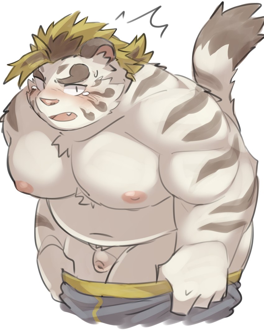 anthro belly blush bodily_fluids clothing genitals kemono male moobs navel nipples overweight overweight_male penis simple_background small_penis solo surprised tears underwear white_background white_body ptcmtr lifewonders tokyo_afterschool_summoners licho_(tas) felid mammal pantherine tiger 2024 absurd_res hi_res