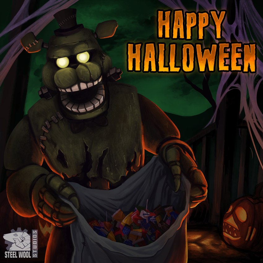 anthro bag big_head big_mouth_(anatomy) big_text black_nose blurred_background candy clothing cloud dessert dirt fence food fruit glowing glowing_eyes green_body green_ears green_sky half-closed_eyes happy hat head_tilt headgear headwear holding_candy holding_food holding_object holidays jack-o'-lantern lollipop looking_at_viewer machine male metal metal_fence metallic metallic_body narrowed_eyes neck_bolts night nude open_mouth outside plant pumpkin round_ears round_eyes scar shadow sky smile smiling_at_viewer solo spider_web standing stitched_body stitched_ear stitched_face stitched_hat text thick_thighs top_hat top_hat_only torn_body tree vegetable yellow_eyes unknown_artist five_nights_at_freddy's five_nights_at_freddy's:_help_wanted halloween scottgames steel_wool_studios dreadbear_(fnaf) animatronic bear mammal robot undead 1:1 2022 absurd_res detailed digital_media_(artwork) english_text hi_res official_art