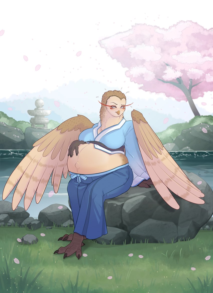 anthro barefoot beak belly big_belly big_breasts bottomwear breasts brown_body brown_feathers clothed clothing day dialogue eyebrows feathers feet female fingers hand_on_own_belly non-mammal_breasts outside plant pregnant solo tan_body tan_feathers topwear tree water wings papa_soul hou_suyin_(icecreamcoconuts) avian barn_owl bird owl tyto tytonid 2024 absurd_res hi_res