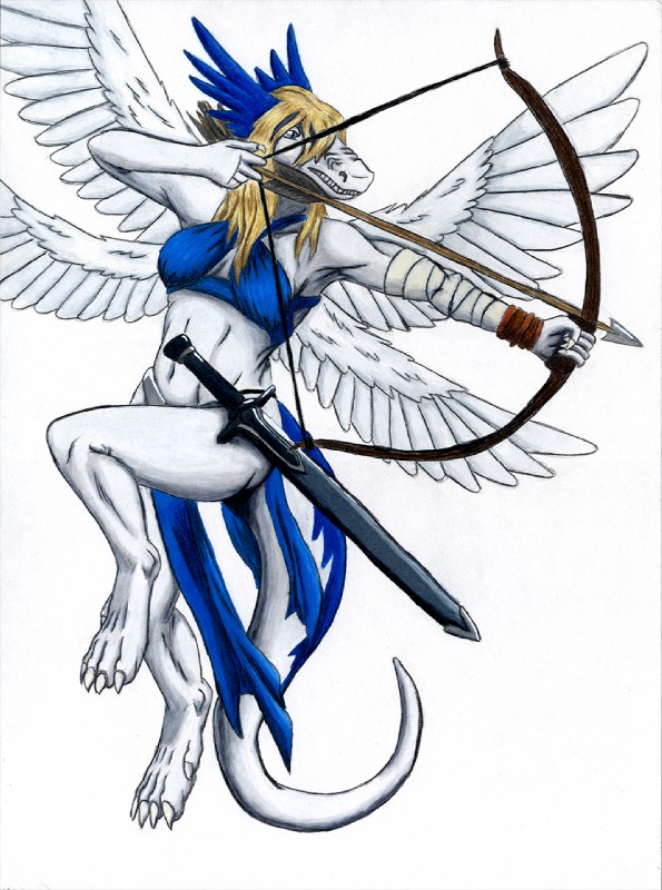 4_wings aiming anthro arrow_(weapon) blonde_hair bow_(weapon) feathered_wings feathers female flying hair holding_melee_weapon holding_object holding_sword holding_weapon melee_weapon multi_wing ranged_weapon silk simple_background solo sword tail weapon white_background wings wrappings adleisio mythology archangel dragon feathered_dragon feathered_scalie mythological_creature mythological_scalie scalie hi_res