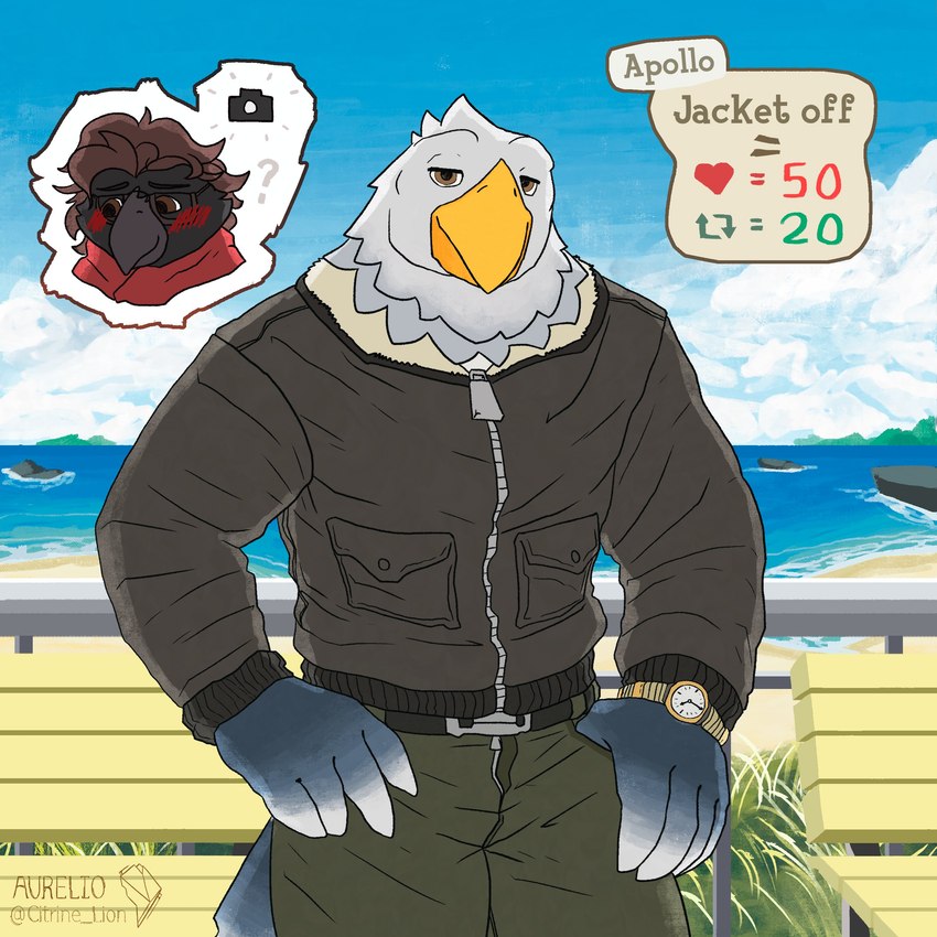 anthro beak blush boardwalk bottomwear clock clothed clothing duo hand_on_hip interaction_drive jacket looking_at_viewer male male/male mountain outside pants question_mark sea solo_focus standing topwear watch water wristwatch citrine_lion animal_crossing nintendo strip_meme apollo_(animal_crossing) corvus_(corvuscantum) accipitrid accipitriform avian bird corvid corvus_(genus) crow eagle oscine passerine 1:1 2023 absurd_res colored digital_drawing_(artwork) digital_media_(artwork) hi_res