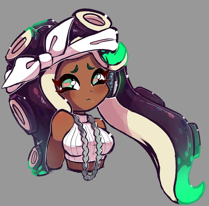 accessory bare_shoulders breasts chain_jewelry clothing dark_body dark_skin female headband looking_at_viewer pseudo_hair simple_background solo streetwear suction_cup tentacle_hair tentacles nin10ja nintendo splatoon marina_(splatoon) animal_humanoid cephalopod cephalopod_humanoid humanoid marine marine_humanoid mollusk mollusk_humanoid octarian octoling 2023 absurd_res hi_res