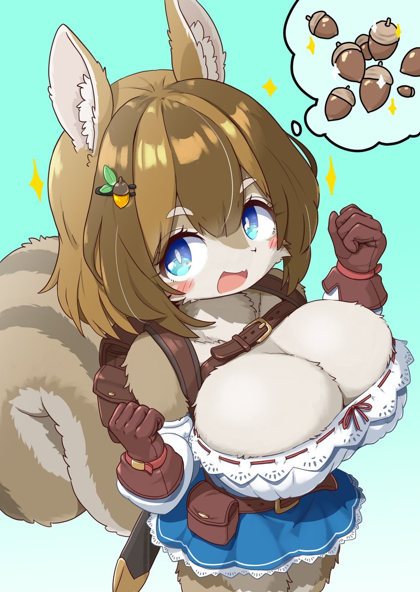 accessory acorn anthro big_breasts blue_eyes blush bottomwear breasts brown_body brown_fur cleavage clothed clothing female female_anthro fluffy food fruit fur gloves hair hair_accessory handwear high-angle_view kemono multicolored_body multicolored_fur nut_(fruit) plant skirt solo tail tan_body tan_fur thought_bubble koorinezumi mammal rodent sciurid tree_squirrel 2025 digital_media_(artwork) hi_res portrait three-quarter_portrait translated_description