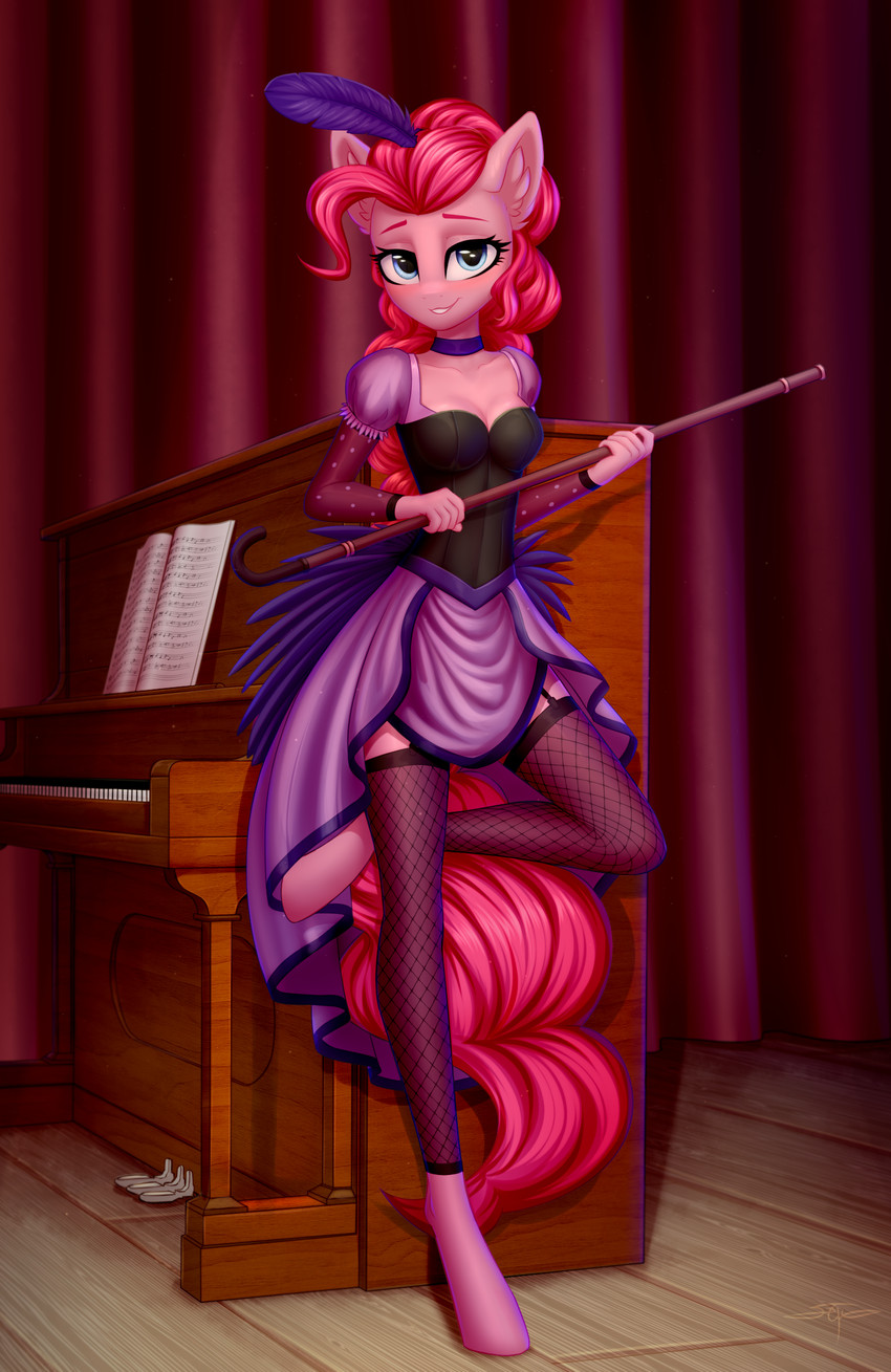 anthro biped cane choker clothed clothing cutie_mark eyebrows eyelashes female fingers fishnet_clothing fishnet_legwear garter_straps holding_object inner_ear_fluff jewelry keyboard_instrument legwear looking_at_viewer musical_instrument necklace piano solo tuft setharu friendship_is_magic hasbro my_little_pony pinkie_pie_(mlp) equid equine mammal 2020 digital_media_(artwork) hi_res