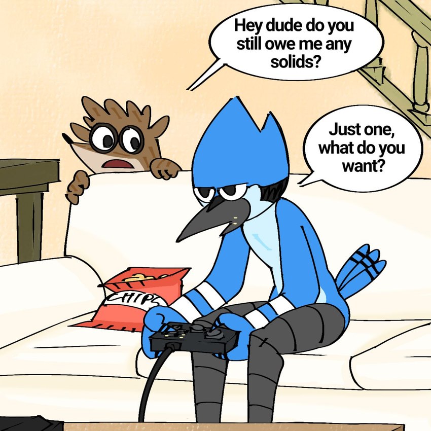 anthro asking asking_another asking_for_favor beak biped black_beak black_nose blue_body blue_feathers brown_body brown_fur chips_(food) controller cord detailed_background dialogue duo feathers food fur furniture game_controller holding_controller holding_game_controller holding_object inside interspecies male multicolored_body multicolored_feathers multicolored_fur nude on_sofa open_mouth potato_chips question requesting sofa speech_bubble talking_to_another tan_body tan_fur text white_body white_feathers wired_controller pb-art cartoon_network regular_show mordecai_(regular_show) rigby_(regular_show) avian bird blue_jay corvid jay_(bird) mammal new_world_jay oscine passerine procyonid raccoon 1:1 2019 comic digital_media_(artwork) english_text hi_res