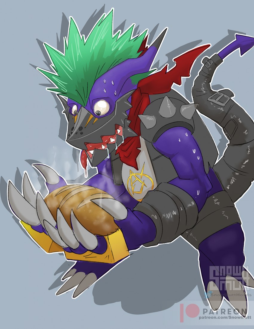 anthro bodily_fluids bread claws drooling food green_hair hair hungry kerchief male neckerchief neckwear purple_body saliva shoulder_pads solo spiked_shoulder_pads spikes tongue tongue_out snowmutt bandai_namco digimon digimon_(species) punkmon scalie hi_res