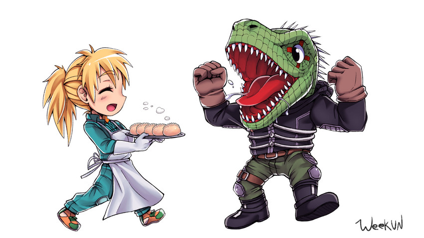 anthro apron belt bottomwear clothed clothing duo food for_a_head fully_clothed gloves green_body green_bottomwear green_clothing green_pants green_scales gyoza handwear open_mouth pants red_tongue scales sharp_teeth simple_background teeth tongue white_background weekun dorohedoro kaiman_(dorohedoro) nikaido_(dorohedoro) animal_head human humanoid lizard mammal reptile scalie 16:9 hi_res widescreen