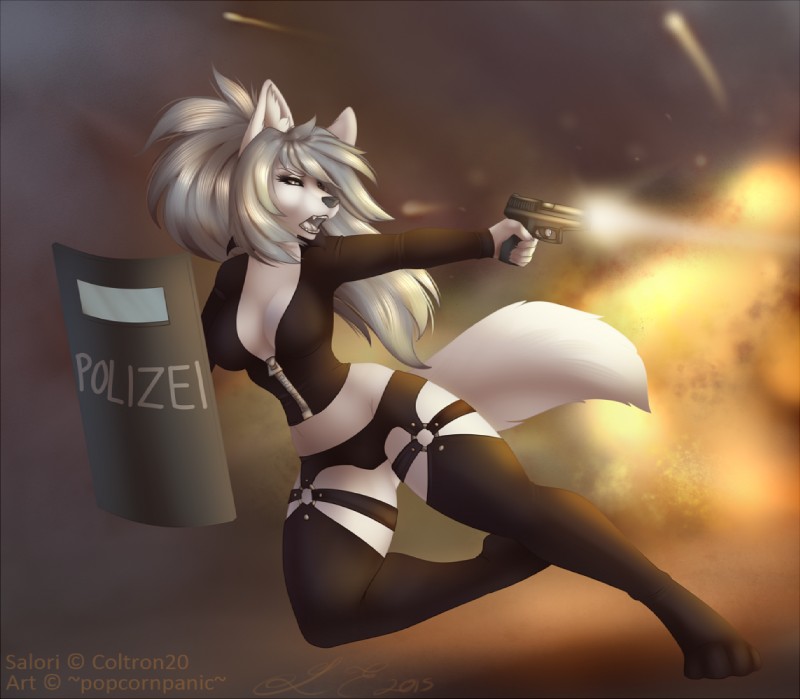 anthro breasts clothed clothing explosion female fur german grey_hair gun hair open_mouth police ranged_weapon riot_shield shield solo weapon white_body white_fur jackalope_(artist) salori_weissklaue canid canine canis mammal wolf 2015