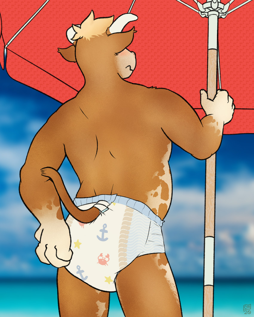 ageplay anthro beach clean_diaper clothed clothing diaper infantilism male outside public roleplay seaside solo wearing_diaper crinklemouse bovid bovine cattle mammal absurd_res hi_res