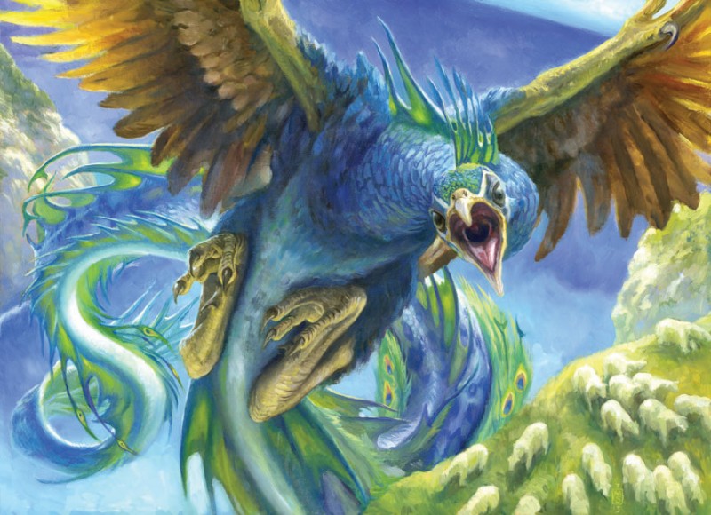 ambiguous_gender beak blue_body blue_fur claws cliff feathered_wings feathers feet feral flying fur high-angle_view long_tail looking_at_viewer macro open_mouth outside solo tail talons toes wings matt_stewart european_mythology hasbro magic:_the_gathering mythology wizards_of_the_coast avian bovid caprine cockatrice domestic_sheep mammal mythological_avian mythological_creature mythological_scalie scalie sheep official_art