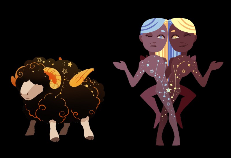 ambiguous_gender aries_(constellation) black_body black_fur blonde_hair blue_eyes blue_hair cloven_hooves constellation duo feathers fur gemini_(constellation) hair hooves horn long_hair male nude one_eye_closed orange_body orange_feathers personification solo star wings yellow_eyes pikokko western_zodiac aries_(zodiac) gemini_(zodiac) bovid caprine domestic_sheep human mammal sheep alpha_channel multiple_images sibling_(lore) twins_(lore)