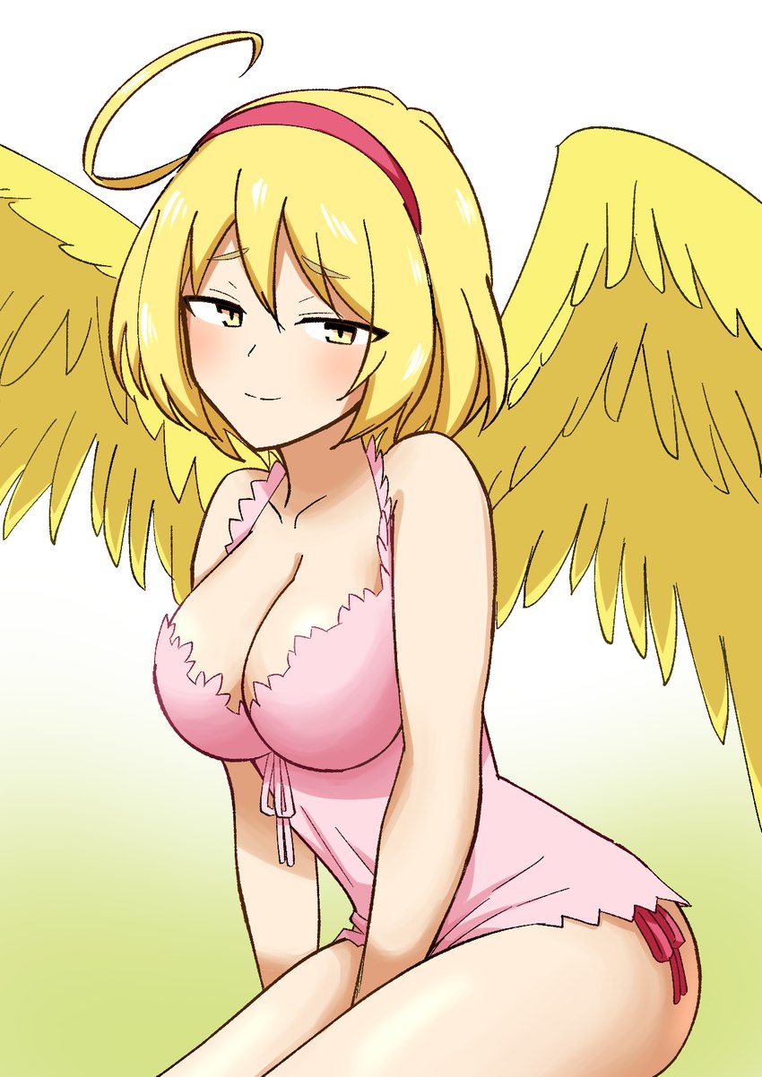 accessory ahoge big_breasts blonde_hair breasts camisole cleavage clothed clothing collarbone feathers female hair hair_accessory hairband looking_at_viewer not_furry panties pink_camisole pink_clothing side-tie_panties solo underwear wings yellow_body yellow_eyes yellow_feathers yellow_wings misokanaru interspecies_reviewers eldri_(interspecies_reviewers) humanoid winged_humanoid hi_res