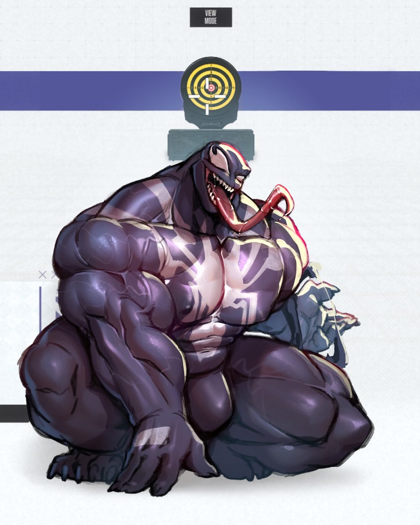 abs barazoku biceps big_bulge big_muscles bodily_fluids bulge claws clothing crouching deltoids drooling front_view huge_bulge huge_muscles long_tongue looking_at_viewer male muscular muscular_humanoid muscular_male nipple_outline not_furry open_mouth open_smile pecs quads saliva sharp_teeth simple_background skinsuit smile solo teeth thick_arms thick_thighs tight_clothing tongue tongue_out triceps vein veiny_muscles vorusuarts marvel marvel_rivals venom_(marvel) alien alien_humanoid humanoid symbiote 2025 4:5 absurd_res hi_res