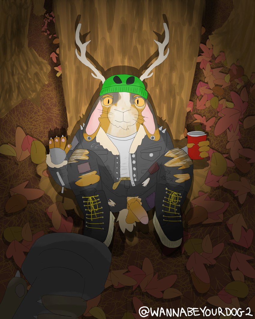 alternative_fashion anthro antlers autumn balls beanie belt beverage boots bottomwear brown_body brown_fur button_(fastener) circumcised clothed clothing container cup darkness denim denim_bottomwear denim_clothing detailed_background ear_piercing ears_down erection eyebrows fingerless_gloves flashlight footwear fur gauged_ear genitals gloves half-erect handwear hat headgear headwear horn humanoid_genitalia humanoid_penis jacket jeans leaf leather leather_clothing leather_jacket leather_topwear looking_at_viewer male night outside pants patch_(fabric) paws penis penis_poking_out piercing pivoted_ears plant punk red_solo_cup ring_piercing safety_pin scut_tail shirt shoes short_tail sitting sitting_on_ground smile solo spikes tail topwear torn_bottomwear torn_clothing torn_pants tree wardrobe_malfunction whiskers white_body white_fur yellow_eyes wannabeyourdog2 rainier_(wannabeyourdog2) jackalope lagomorph mammal 4:5 absurd_res hi_res story story_in_description