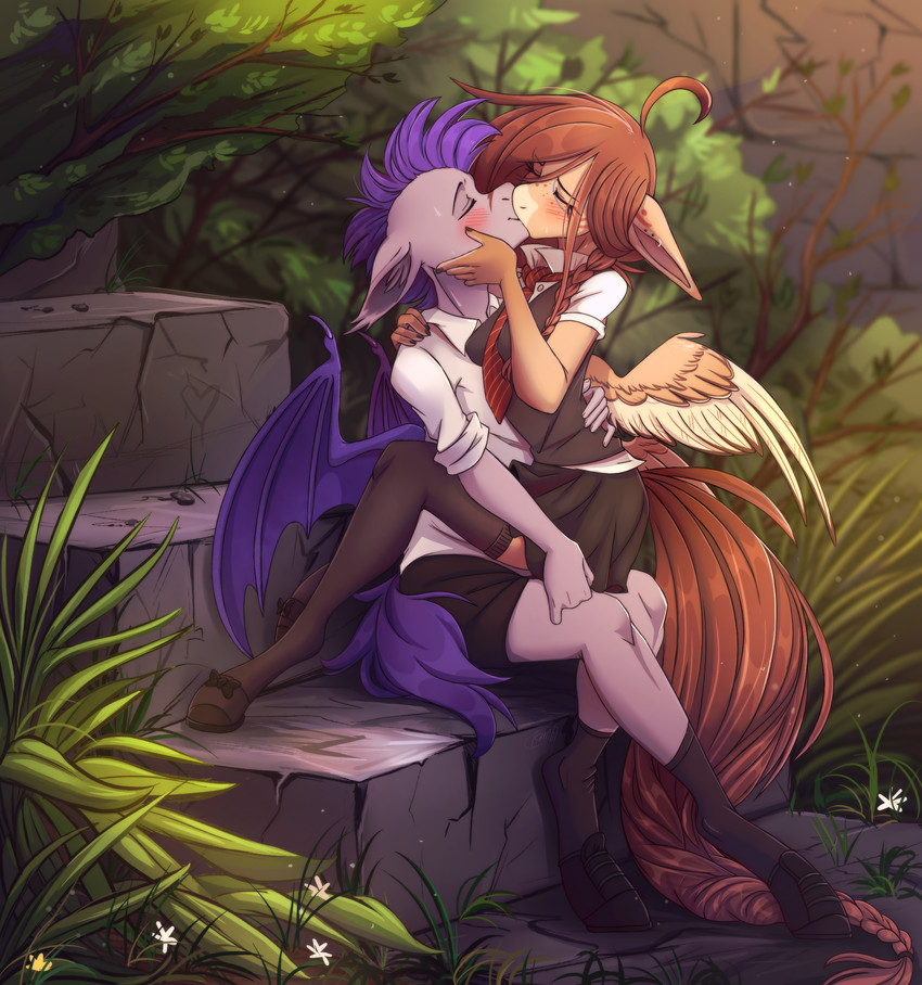 anthro biped blush brown_hair brown_tail claws clothing duo eyes_closed feathered_wings feathers female female/female fur grey_body grey_fur hair hooves hug inner_ear_fluff kiss_on_lips kissing membrane_(anatomy) membranous_wings outside purple_hair purple_tail purple_wings school_uniform sitting tail tan_body tan_feathers tan_fur tan_wings tuft unguligrade uniform wing_claws wings ponsex hasbro my_little_pony mythology fan_character ondrea_(ondrea) thunder_run bat_pony equid equine horse mammal mythological_creature mythological_equine pegasus pony 2021 absurd_res hi_res