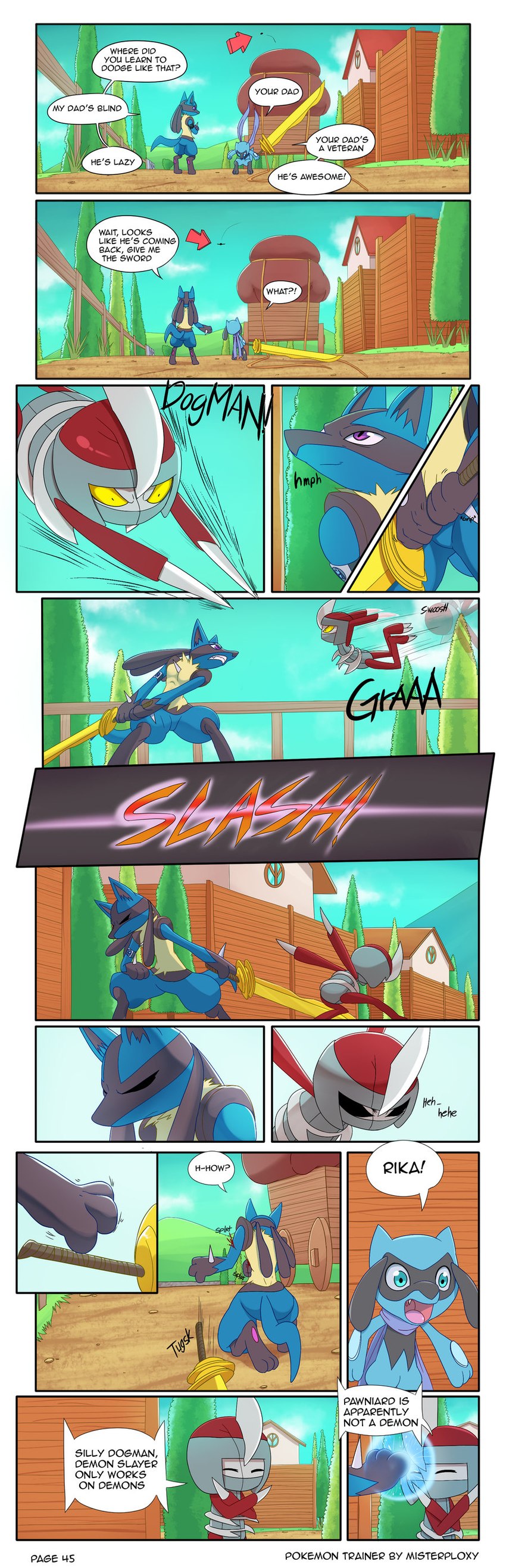 ambiguous_gender anthro blood bodily_fluids cart detailed_background fight melee_weapon scarf sword text weapon masterploxy nintendo pokemon pokemon_trainer_8 generation_4_pokemon generation_5_pokemon lucario pawniard pokemon_(species) riolu absurd_res comic english_text hi_res