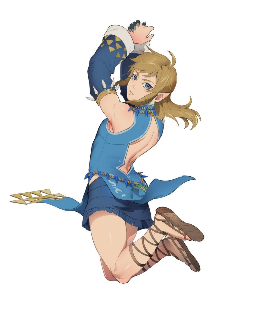 blonde_hair clothed clothing crossdressing femboy footwear hair humanoid_pointy_ears light_body light_skin long_hair male not_furry sandals shoes simple_background solo foxvulpine nintendo tears_of_the_kingdom the_legend_of_zelda link elf humanoid hylian 4:5 hi_res