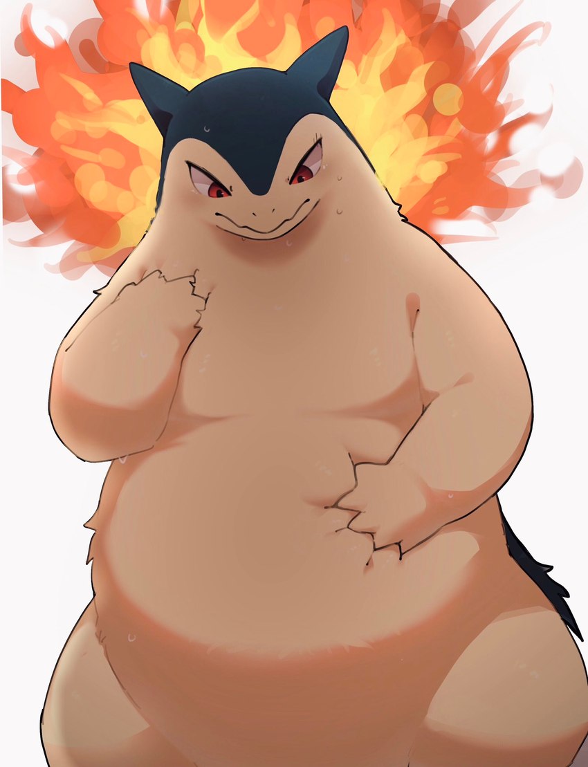 5_fingers anthro belly belly_pat biped black_body black_fur bodily_fluids fingers fire flaming_hair flaming_mane fur hand_on_belly looking_at_belly looking_at_own_belly looking_at_self male overweight overweight_anthro overweight_male pseudo_hair pseudo_mane red_eyes semi-anthro simple_background solo standing sweat tan_body tan_fur weight_conscious white_background dorobo_39 nintendo pokemon generation_2_pokemon pokemon_(species) typhlosion digital_media_(artwork) hi_res portrait three-quarter_portrait