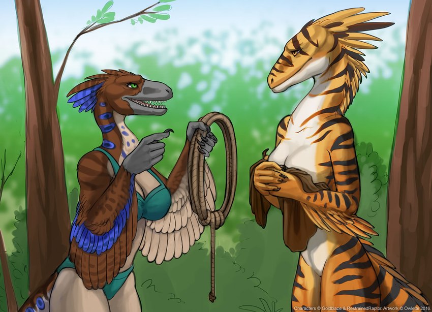 5_fingers anthro bikini black_stripes blue_stripes breasts claws clothing countershade_face countershade_neck countershade_torso countershading duo fantasy feathered_arms feathers female finger_claws fingers forest jungle nude plant rope stripes swimwear tree tribal two-piece_swimsuit wilderness yellow_body theowlette snapjaw dinosaur dromaeosaurid feathered_dinosaur feathered_scalie prehistoric_species reptile scalie theropod velociraptor 2016 story story_in_description