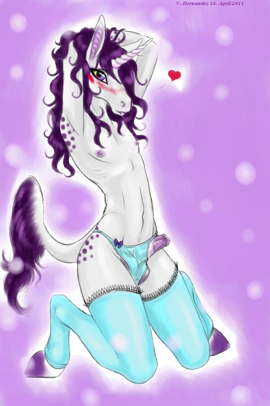 anthro balls barely_contained biped blush bulge clothed clothing crossdressing erection femboy genitals hair horn kemono legwear long_hair looking_at_viewer male panties penis penis_poking_out purple_hair short_hair sitting solo stockings tail topless underwear shikoyote mythology equid equine mammal mythological_creature mythological_equine unicorn 2:3 hi_res