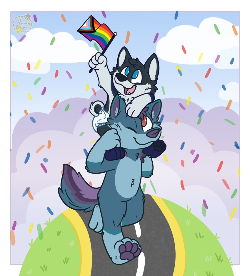 anthro blue_body blue_fur carrying_another clean_diaper clothed clothing cloud confetti diaper flag fur grass holding_object lgbt_pride looking_up one_eye_closed open_mouth outside pawpads piggyback plant pride_color_flag pride_colors rainbow_flag rainbow_pride_colors rainbow_pride_flag rainbow_symbol road sky smile tongue wearing_diaper young young_anthro honyshib colby_(husky) yukon canid canine canis domestic_dog husky mammal nordic_sled_dog spitz wolf hi_res