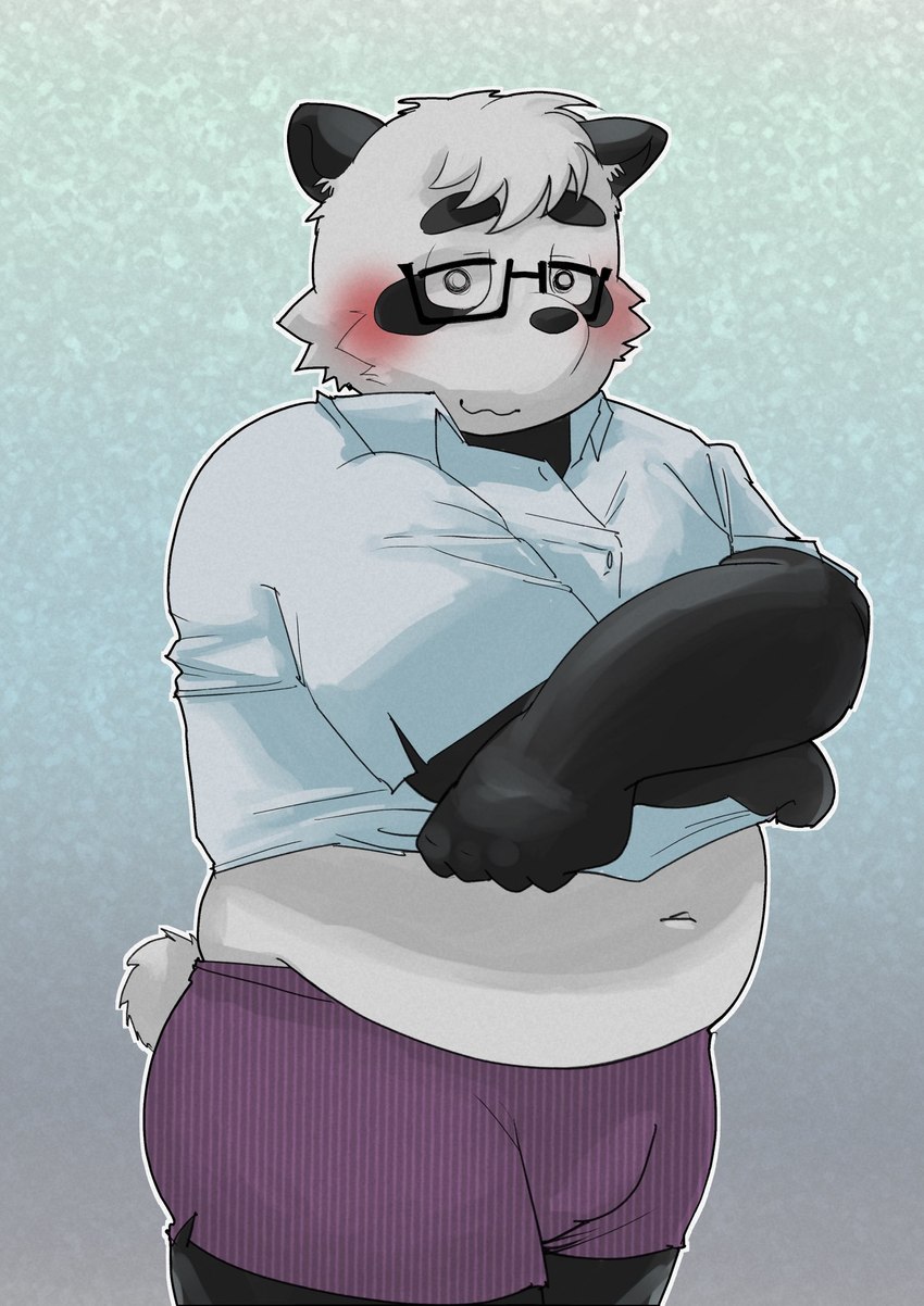 anthro belly black_body black_nose blush clothing humanoid_hands kemono male navel overweight overweight_male shirt solo topwear underwear undressing white_body pinoren vtuber sasayama_akira bear giant_panda mammal 2022 hi_res