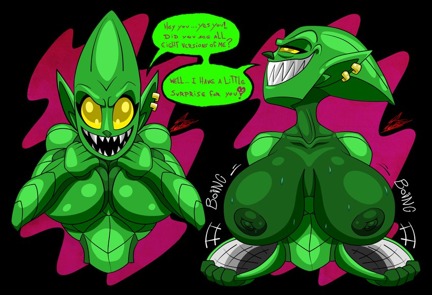 big_breasts breasts crossgender dialogue ear_piercing ear_ring empty_eyes female green_body humanoid_pointy_ears metallic_body nipples not_furry open_mouth piercing pointy_ears ring_piercing sharp_teeth solo sound_effects speech_bubble teeth text therizkpiecraft marvel green_goblin goblin humanoid absurd_res english_text hi_res