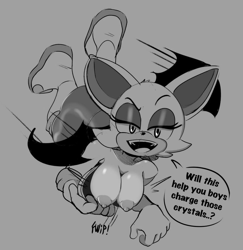 anthro breasts exposed_breasts eyeshadow female flashing flashing_breasts flying makeup nipples solo text wings gametimeasia sega sonic_the_hedgehog_(series) rouge_the_bat bat mammal 2022 absurd_res english_text greyscale hi_res monochrome