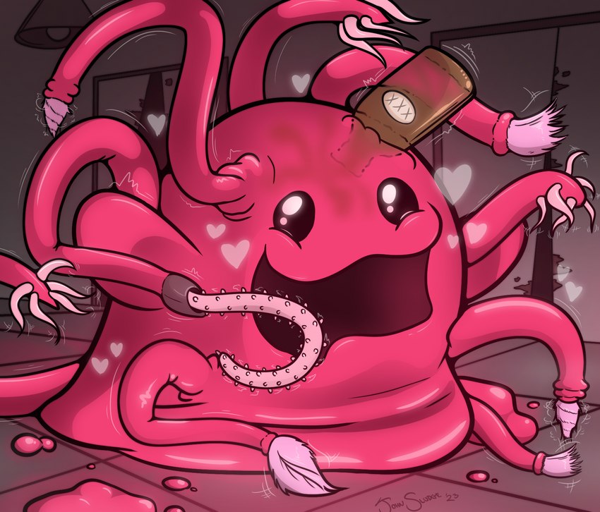 alcohol alternate_color alternate_form ambiguous_gender apode beverage big_eyes drunk featureless_hands feral floor glistening glistening_eyes happy heart_reaction heart_symbol inside legless loose_feather no_sclera not_furry open_mouth open_smile pink_goo pink_heart pink_tentacles smile solo substance_intoxication tentacles tile tile_floor xxx john_sludge1987 scp_foundation scp-999 goo_creature 2023 colored dated digital_drawing_(artwork) digital_media_(artwork) hi_res signature male_(lore)