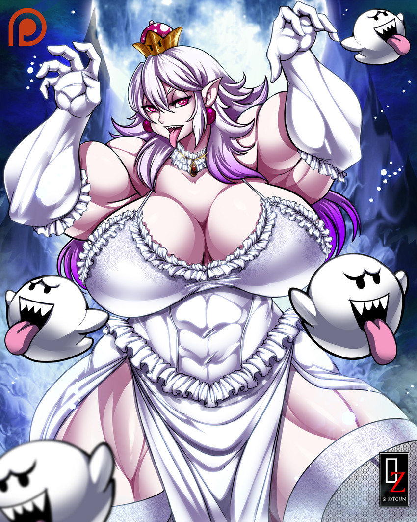 abs ambiguous_gender big_breasts breasts cleavage clothed clothing crown female group headgear huge_breasts muscular muscular_female sharp_teeth solo_focus super_crown teeth tongue tongue_out osmar-shotgun mario_bros nintendo boosette boo_(mario) humanoid absurd_res hi_res