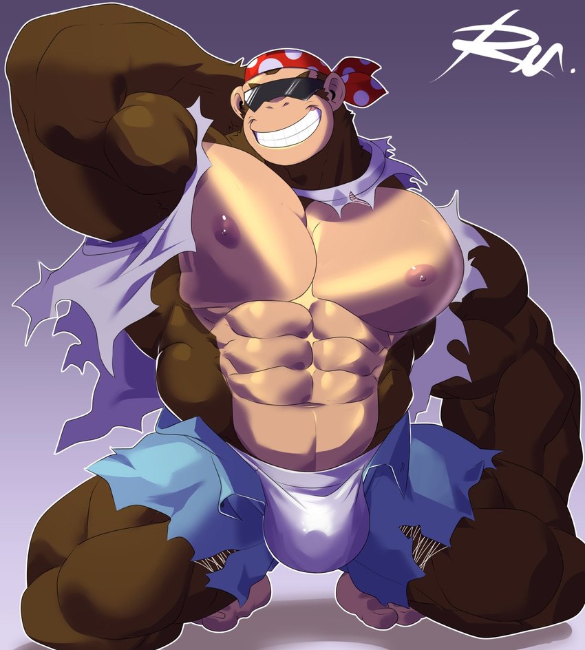 abs after_transformation anthro biceps bottomwear bulge clothed clothing eyewear grin kerchief kneeling male muscular muscular_male nipples open_bottomwear open_clothing open_pants pants pecs shirt shorts simple_background smile solo sunglasses topwear torn_clothing transformation underwear reclamon donkey_kong_(series) nintendo funky_kong ape gorilla haplorhine mammal primate hi_res