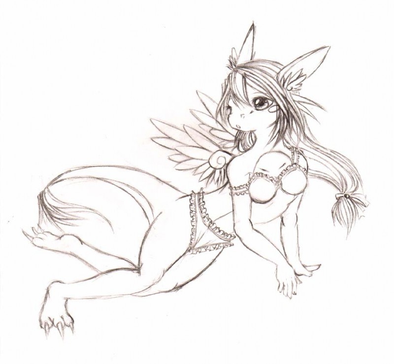 anthro big_eyes biped bra breasts claws clothed clothing feathered_wings feathers female fur hair inner_ear_fluff long_hair lying non-mammal_breasts open_mouth panties simple_background skimpy solo tail toe_claws tuft underwear white_background wings tigerlilylucky mythology linvar dragon feathered_dragon feathered_scalie furred_dragon furred_scalie mythological_creature mythological_scalie scalie 2008 monochrome traditional_media_(artwork)