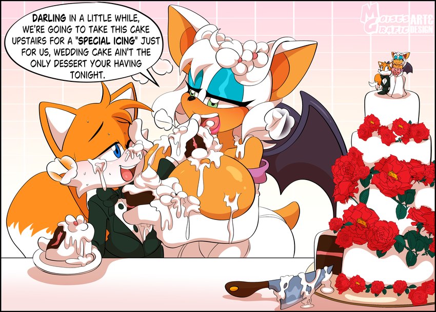 anthro big_breasts breasts cake clothed clothing dessert dialogue dress duo female food food_fetish food_play huge_breasts short_stack speech_bubble text wedding wedding_cake wedding_dress moisesgrafic sega sonic_the_hedgehog_(series) miles_prower rouge_the_bat absurd_res english_text hi_res