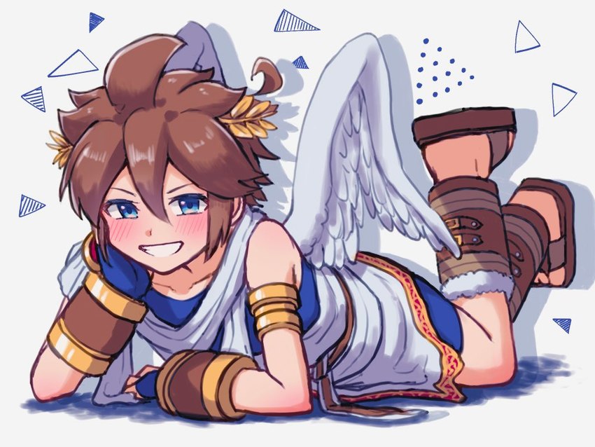 blue_eyes blush brown_hair clothing feathered_wings feathers footwear hair light_body light_skin looking_at_viewer lying male not_furry on_front sandals shoes simple_background smile solo wings waffuum kid_icarus nintendo pit_(kid_icarus) angel humanoid winged_humanoid 4:3