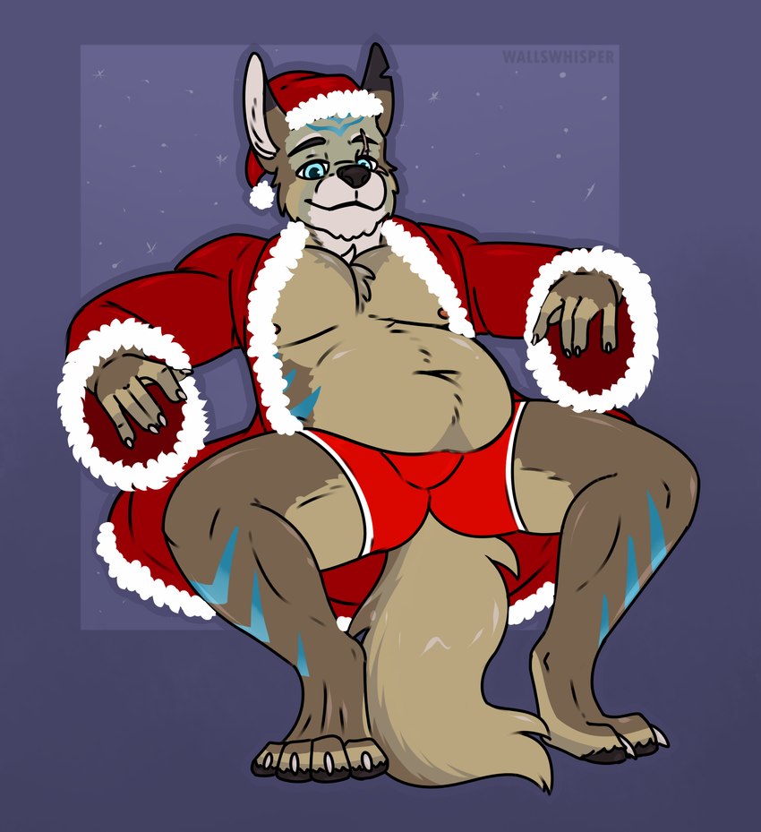 anthro belly christmas_clothing christmas_headwear clothing costume hat headgear headwear holidays male musclegut muscular santa_costume santa_hat scar solo stripes underwear wallswhisper christmas strannik canid canine dire_wolf mammal prehistoric_species hi_res