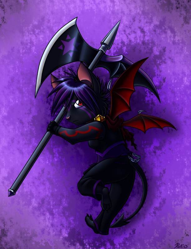 abstract_background axe chibi clothing female hair halberd looking_at_viewer melee_weapon membrane_(anatomy) membranous_wings polearm purple_hair red_eyes solo weapon wings conditional_dnp ratte legacy_(ratte) yagarai corruption_(species) felid hybrid mammal onene digital_media_(artwork) hi_res