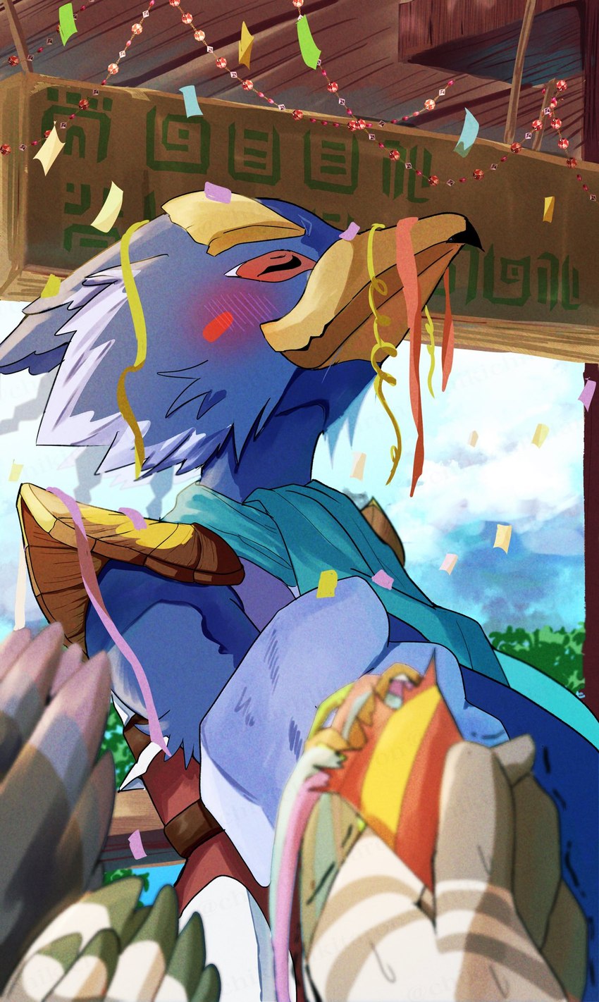 anthro beak birthday_party blue_body blue_feathers blush confetti day detailed_background eyes_closed feathers group humor male outside party prideful scarf solo_focus text chikichikitaron breath_of_the_wild nintendo the_legend_of_zelda revali avian rito constructed_script hi_res sheikah_text