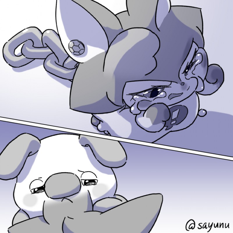 anthro bodily_fluids chain clothing duo ear_piercing exclamation_point female male panties piercing sad tears underwear sayunu himitsu_no_cocotama mukitetsu_(cocotama) yurano_(cocotama) cocotama felid mammal 1:1 monochrome