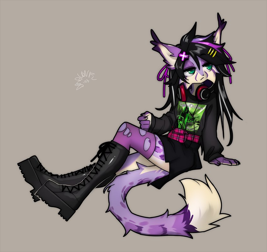 anthro boots clothed clothing electronics female footwear fur green_eyes headphones high_boots legwear purple_body purple_fur shoes simple_background solo tail thigh_highs dragonfu raven_(hikarikurisu) domestic_cat felid feline felis mammal 2023 hi_res