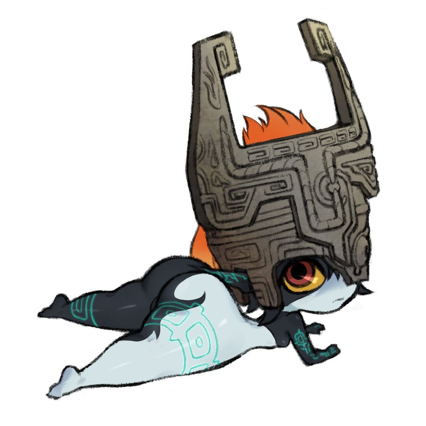 armor big_butt black_body breasts butt clothing eyelashes female green_markings grey_body hair headgear headwear helmet humanoid_pointy_ears looking_back lying markings on_front one_eye_obstructed orange_hair pear-shaped_figure pointy_ears rear_view red_eyes short_stack simple_background small_breasts smile solo thick_thighs white_background wide_hips yellow_sclera gurumo nintendo the_legend_of_zelda twilight_princess midna humanoid imp twili 1:1 2025 hi_res