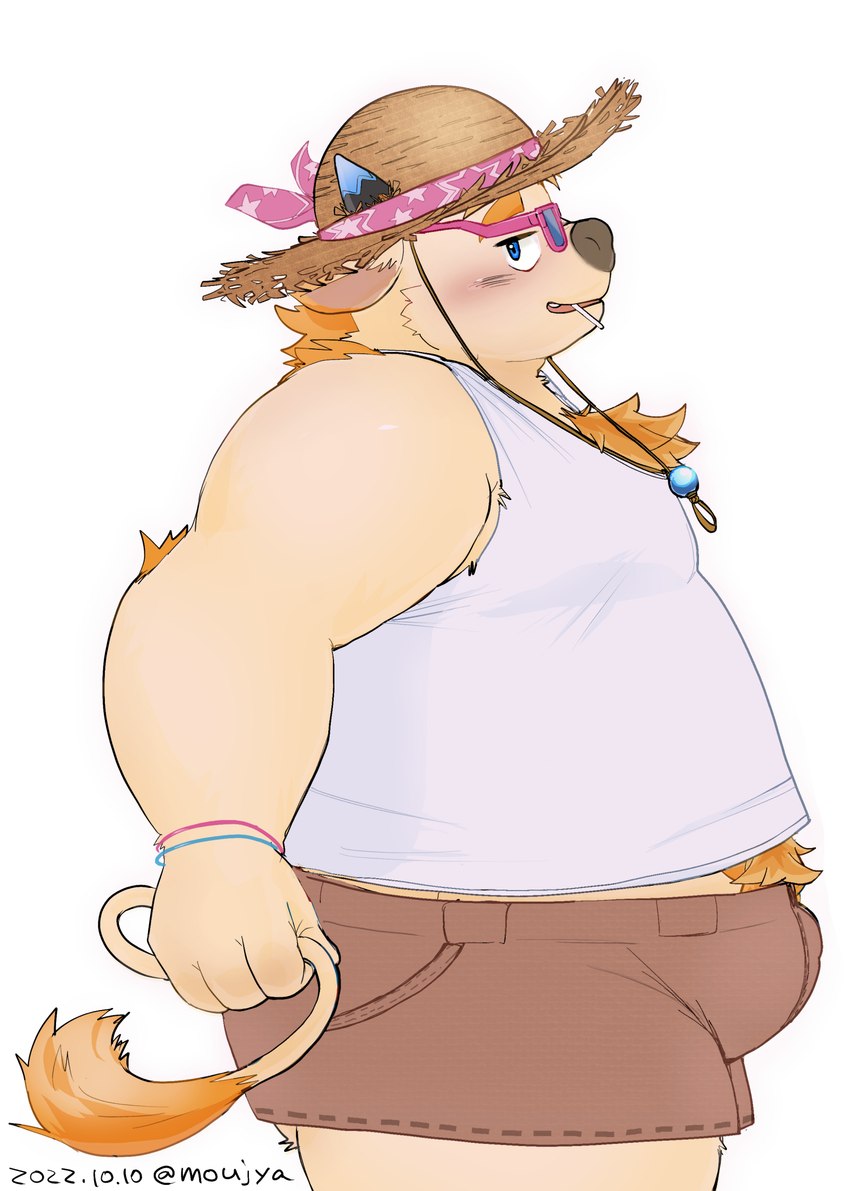 anthro belly blonde_hair blue_eyes bottomwear bulge clothing eyewear fur hair hat headgear headwear male overweight overweight_male pubes shirt shorts solo straw_hat sunglasses tank_top topwear white_body white_fur young young_anthro moujya lifewonders tokyo_afterschool_summoners babe_bunyan_(tas) bovid bovine cattle mammal hi_res