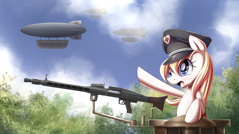 aircraft airship blonde_hair blue_eyes clothing cloud day female feral gesture gun hair hat headgear headwear machine_gun maschinengewehr_42 mg_42 nazi nazi_salute open_mouth outside pose ranged_weapon salute sky smile solo swastika vehicle weapon aryanne hasbro my_little_pony aryanne_(character) fan_character earth_pony equid equine horse mammal pony absurd_res hi_res