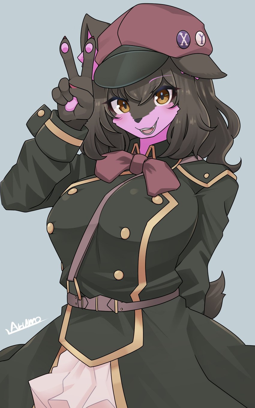 accessory alternative_fashion amber_eyes anthro belt big_breasts biped black_body black_fur black_nose breasts clothing clothing_bow female fur hair hat headgear headwear inner_ear_fluff j-fashion kemono lolita_(fashion) long_hair military_lolita military_uniform open_mouth open_smile pin_accessory pin_button purple_body purple_fur smile solo teeth tuft uniform arumo vtuber exy canid canine canis mammal wolf 5:8 absurd_res hi_res