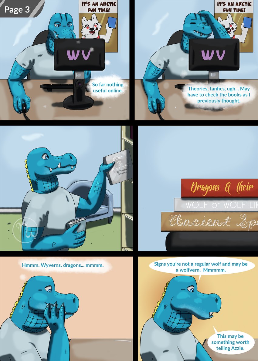 4_fingers 6_panel_comic annoyed anthro arm_support baseboard black_nose blue_body blue_chair blue_eyes blue_scales blue_wall book bookshelf bulging_neck carpet chair computer_keyboard computer_monitor computer_mouse desk dialogue eyes_closed facial_scar fangs fingers fur furniture green_carpet half-closed_eyes hand_on_face hand_on_head holding_book holding_object inside leaning_on_elbow library logo male membrane_(anatomy) muscular muscular_anthro muscular_male name_in_dialogue narrowed_eyes nickname office_chair open_mouth poster pupils reading reading_book red_eyes scales scar scutes sitting slit_pupils smile speech_bubble standing table talking_to_self teeth text text_box thought_bubble thoughts wall_(structure) webbed_hands white_body white_fur yellow_scutes skywater an_otter_of_mine nathile_tiduna yoshimi_tharpes alligatorid arctic_fox azurlligator canid canine crocodilian fox mammal reptile scalie true_fox 2024 absurd_res artist_logo colored comic digital_drawing_(artwork) digital_media_(artwork) hi_res shaded simple_shading