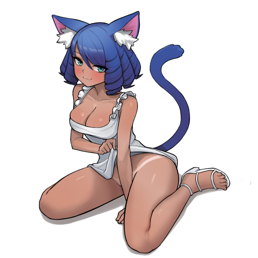 big_breasts black_body black_fur black_hair blue_eyes blue_tail blush breasts cleavage clothed clothing clothing_lift convenient_censorship curled_hair dark_body dark_skin dress dress_lift female footwear fur glistening glistening_body glistening_hair glistening_skin hair high_heels inner_ear_fluff kemono kneeling looking_at_viewer no_underwear shoes short_hair simple_background sitting smile solo suntan tail tan_body tan_line tan_skin thick_thighs tuft wariza white_background donburikazoku sanrio show_by_rock!! cyan_hijirikawa animal_humanoid cat_humanoid felid felid_humanoid feline feline_humanoid humanoid mammal mammal_humanoid 1:1 2020 full-length_portrait hi_res portrait