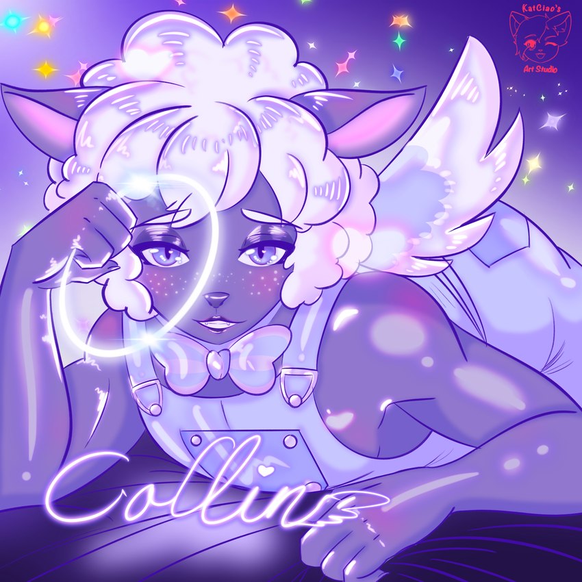 anthro cloud crossgender feathered_wings feathers female glowing grabbing_sheets halo iridescent_hair iridescent_wings makeup oiled_body solo sparkles suspenders teasing wings katciao helluva_boss collin_(helluva_boss) bovid caprine humanoid mammal sheep 1:1 absurd_res hi_res