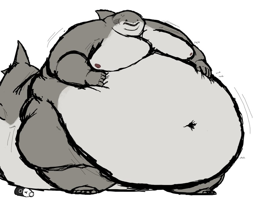 anthro belly belly_jiggle belly_overhang big_belly bodily_fluids bottle container dorsal_fin double_chin fin gills grey_body grey_skin hand_on_belly huge_belly jiggling male moobs morbidly_obese morbidly_obese_anthro morbidly_obese_male motion_lines navel nipples nude obese obese_anthro obese_male open_mouth overweight overweight_anthro overweight_male simple_background solo sound_effects standing sweat sweatdrop tail teeth text thick_tail thick_thighs weight_gain white_background wide_hips worried comerboy75 turin_montana fish great_white_shark mackerel_shark marine shark white_shark english_text hi_res