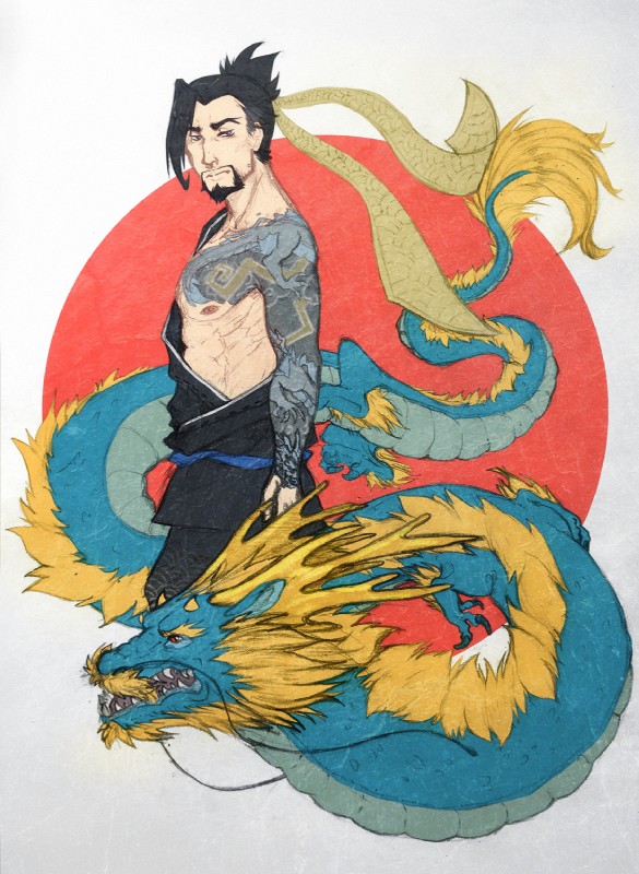 beard facial_hair feral tail tail_tuft tattoo tuft whiskers hakurate whcardinal asian_mythology blizzard_entertainment east_asian_mythology mythology overwatch hanzo_(overwatch) dragon eastern_dragon human mammal mythological_creature mythological_scalie scalie hi_res