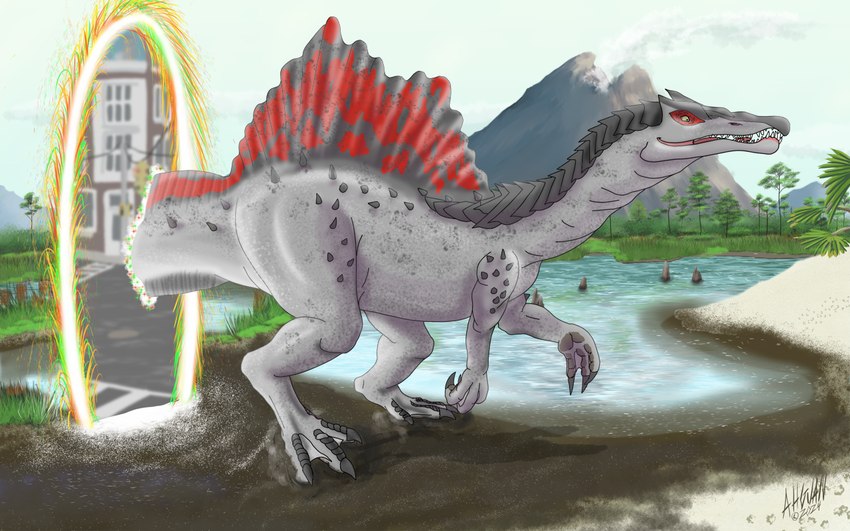 city claws dorsal_fin feral fin grey_body grey_scales head_crest male mountain outside plant portal prehistoric red_body red_scales scales sharp_teeth solo spikes spikes_(anatomy) teeth time_travel transformation tree water ahgjan dinosaur prehistoric_species reptile scalie spinosaurid spinosaurus theropod 16:10 widescreen