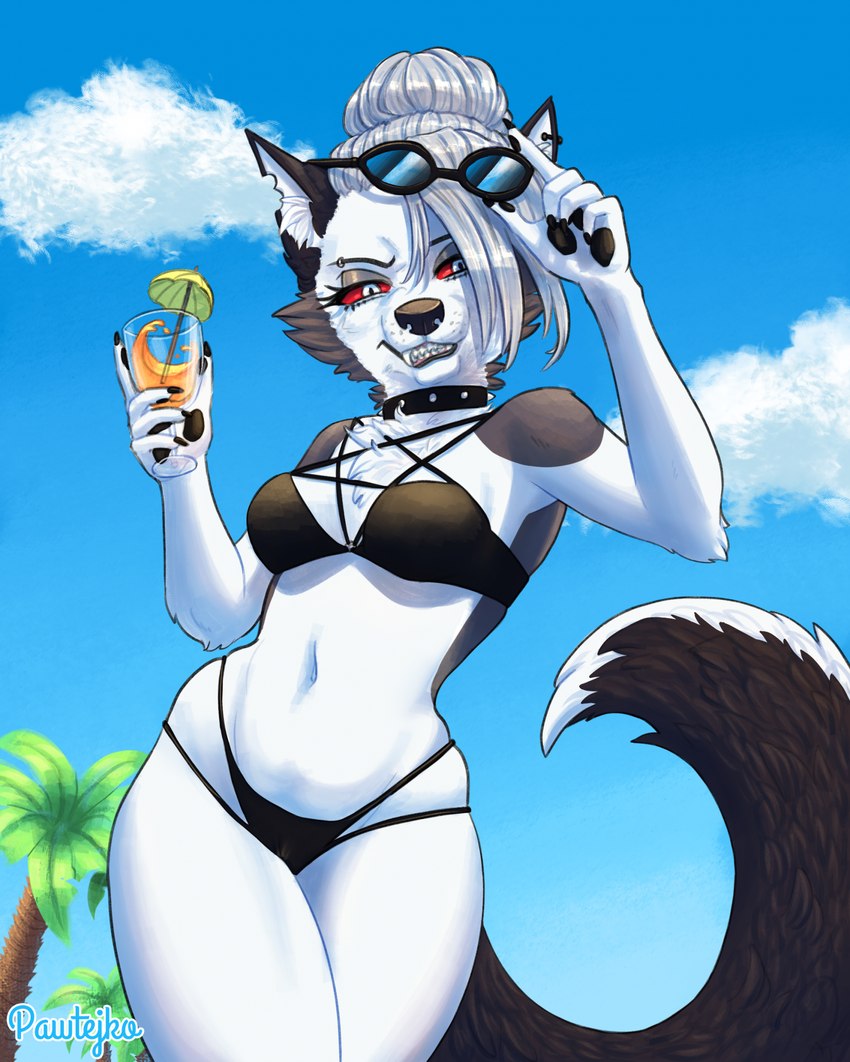 5_fingers anthro beverage bikini biped black_bikini black_claws black_clothing black_ears black_eyebrows black_nose black_pawpads black_swimwear black_tail blue_sky breasts cheek_tuft chest_tuft claws clenched_teeth clothed clothed_anthro clothed_female clothing cocked_hip collar container cup day drinking_glass ear_piercing eyebrow_piercing eyebrows eyewear eyewear_on_head facial_piercing facial_tuft female female_anthro finger_claws fingerpads fingers fluffy fluffy_tail front_view fur glass glass_container glass_cup grey_body grey_fur grey_hair hair hair_bun holding_beverage holding_container holding_cup holding_glass holding_object inner_ear_fluff long_hair looking_at_viewer multicolored_body multicolored_fur multicolored_tail narrowed_eyes navel notched_ear palm_tree pawpads pentagram_bra piercing plant pupils red_sclera sky solo spiked_collar spikes standing summer sunglasses sunglasses_on_head swimwear tail teeth tree tuft two-piece_swimsuit white_body white_eyes white_fur white_inner_ear white_inner_ear_fluff white_tuft pawtejko helluva_boss mythology loona_(helluva_boss) canid canid_demon canine demon hellhound mammal mythological_canine mythological_creature 2024 artist_name digital_media_(artwork) hi_res portrait three-quarter_portrait